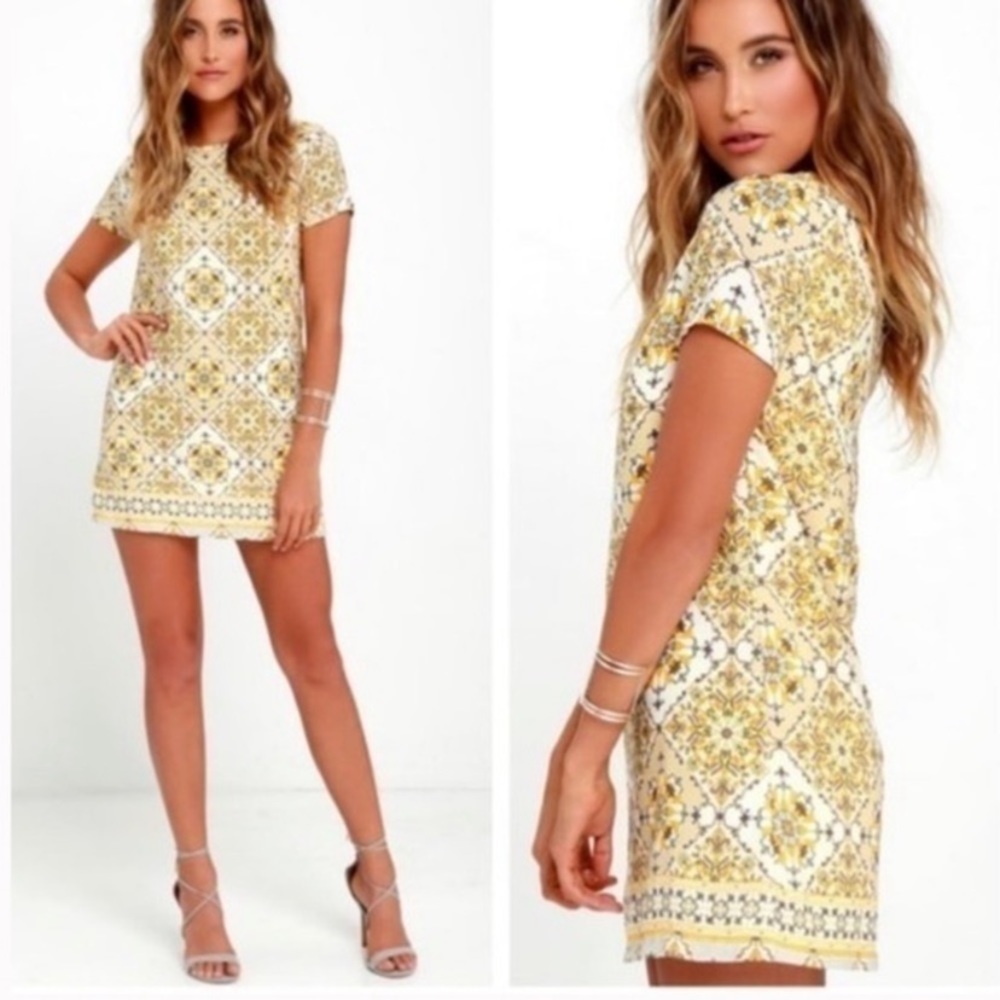 Lulus Dandy Lion Yellow Floral Print Shirt Sleeve Shift Dress